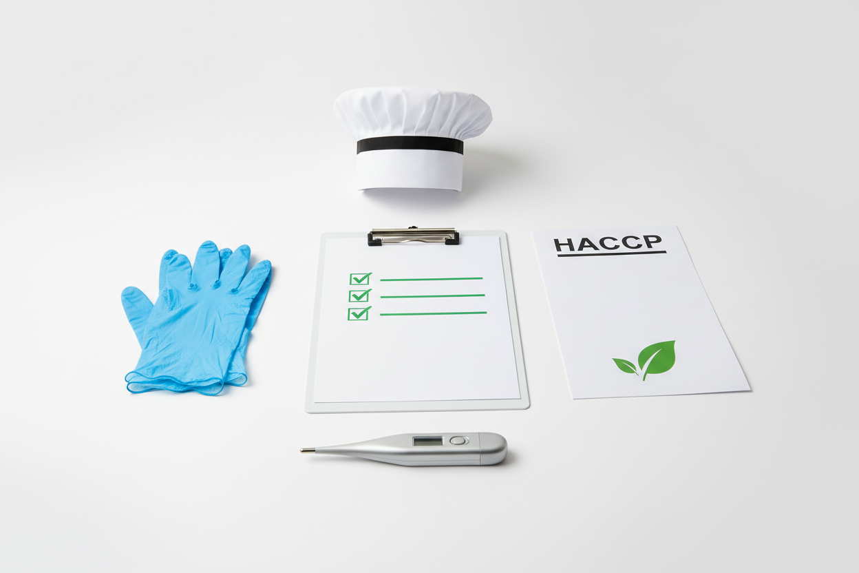 Professional product image for a food safety training course. Clean white background. Include food hygiene icons: clipboard with checkmarks, gloves, chef hat, thermometer, and a document labeled “HACCP”. Minimal, sharp, bright lighting, no people. High-resolution, suitable for an eCommerce catalog.
