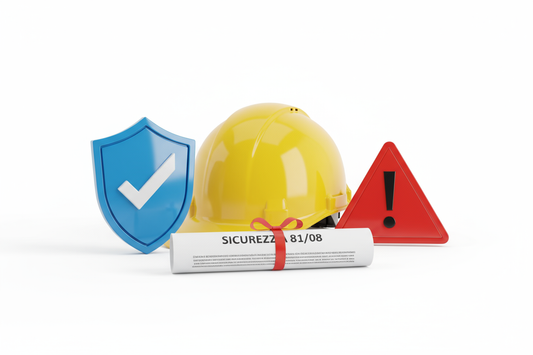 Realistic eCommerce-style product image representing workplace safety training. Clean white background. Include a safety helmet, shield with checkmark, warning triangle icon, and a document labeled “Sicurezza 81/08”. Minimal, professional, no people, bright lighting. High-resolution product image.
