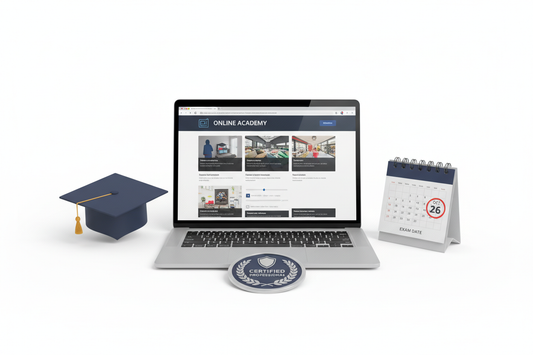 Realistic product-style image for an online professional certification course. Clean white background. Include icons such as a graduation cap, laptop with online lessons, calendar showing exam date, and a certification badge. Modern, minimal, bright lighting. No people. High-resolution eCommerce product image for “Requisito SAB ”.
