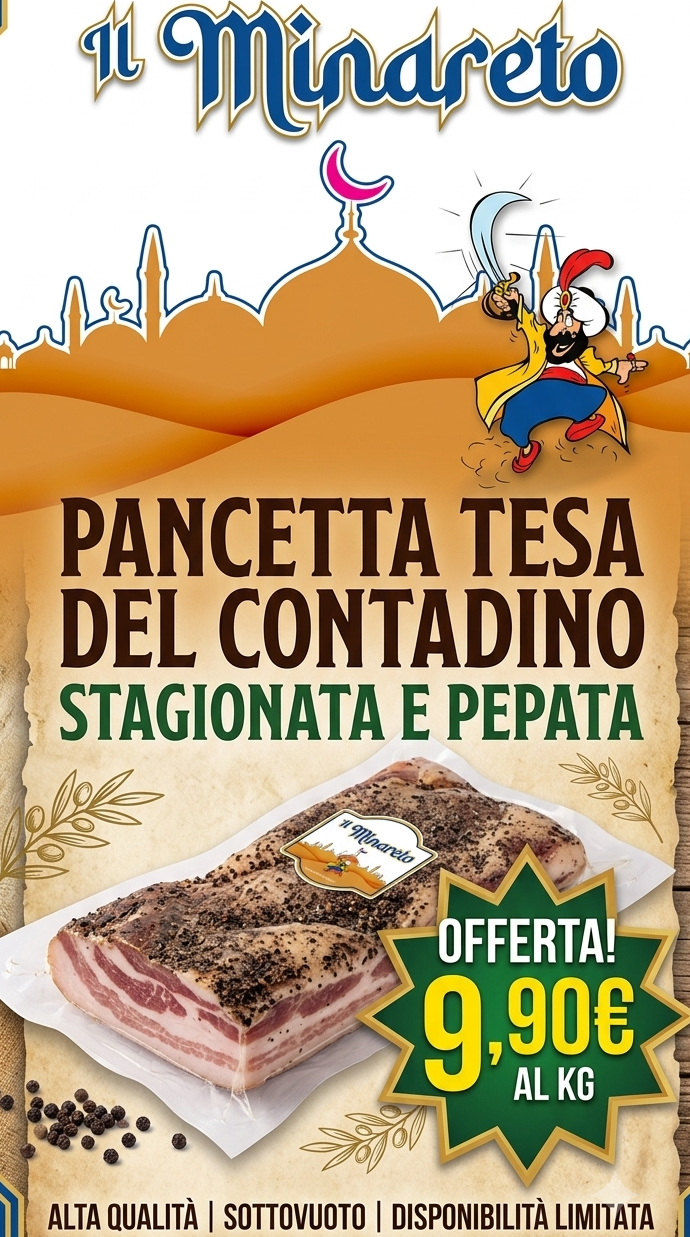 Pancetta tesa del contadino, stagionata e pepata